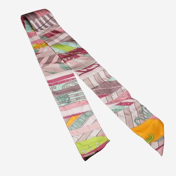 Hermes 100% Silk Twilly Astrologie Nouvelle in Rose Framboise (pink) & Pistache - Picture 2 of 12